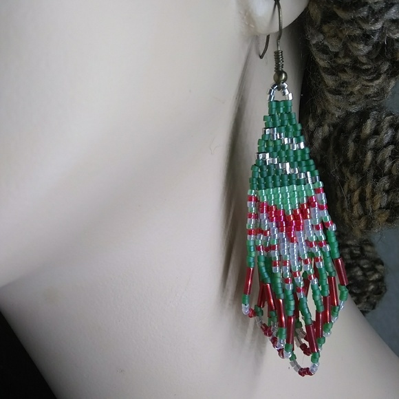 Artisan Christmas Holiday Tree Fringe Earrings - Picture 4 of 7